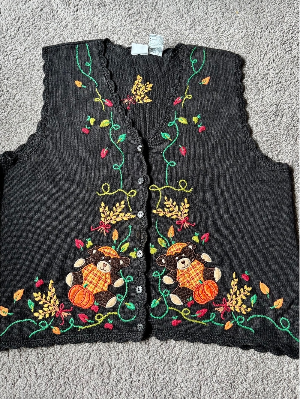 Bobbie Brooks Woman Embroidered Black Knit Vest with Bears and Fall Leaves